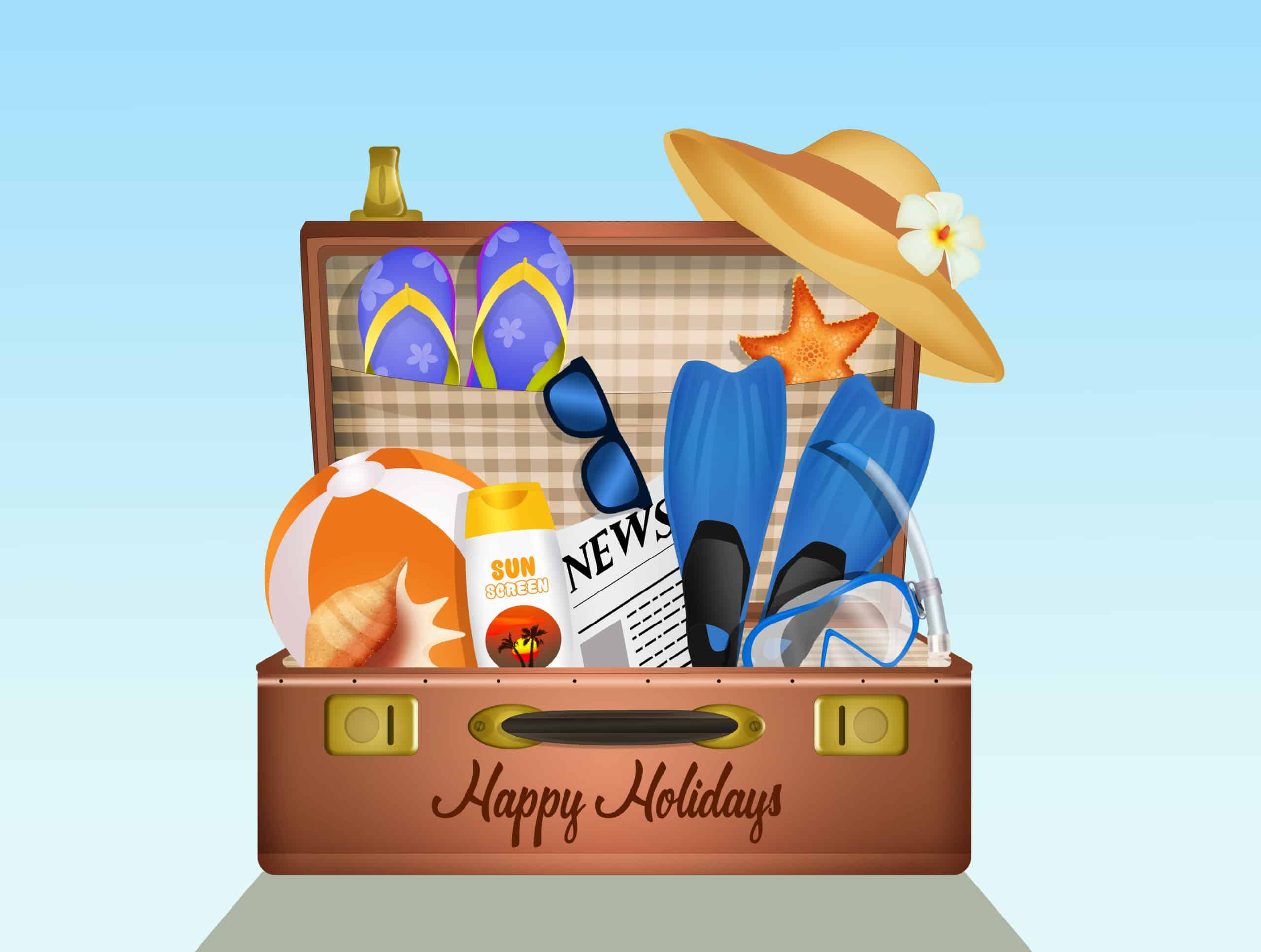 illustration of beach holiday items in suitcase including sunscreen