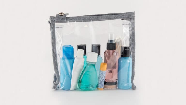 clear toiletry bag with travel bottles