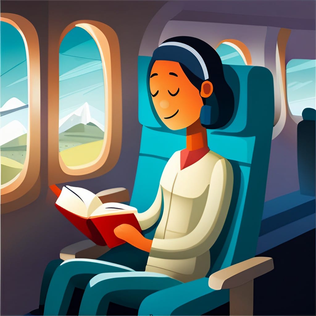 cartoon of woman reading a good book on a long flight